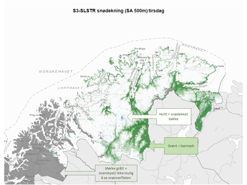 satellittbilde over snøforholdene i Finnmark 24.5.2022.