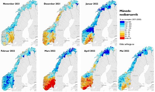 Figur 2. Kartet viser hvor mye nedbør det har kommet i valgt måned sammenlignet med hva som er vanlig (1991-2020) for den aktuelle måneden. Kilde: senorge.no