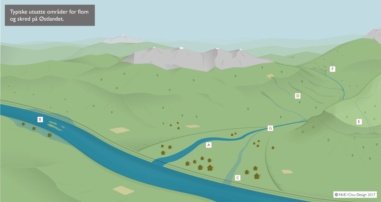 Oversikt over flom- og skredutsatte områder på Østlandet.