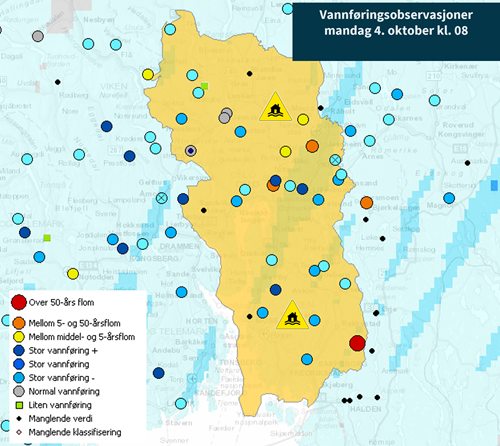 Figur viser vannføring kl 0800 mandags morgen 4. oktober