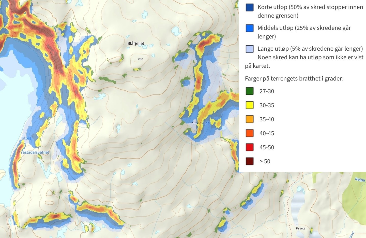 Illustrasjon av bratthetskart med utløp med tegnforklaring.