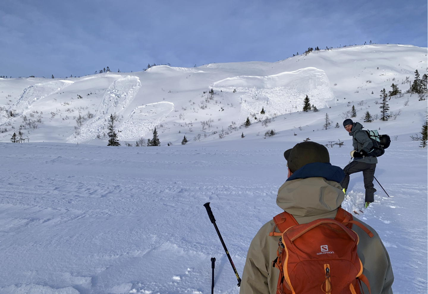 Et par stykker står på flatmark og ser bort på en fjellside hvor det har blitt utløst flere flakskred.