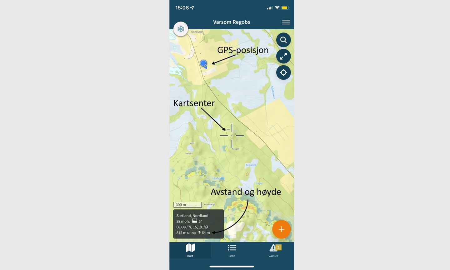 Skjermbilde av avstand og høyde til GSP-posisjon i Varsom Regobs.