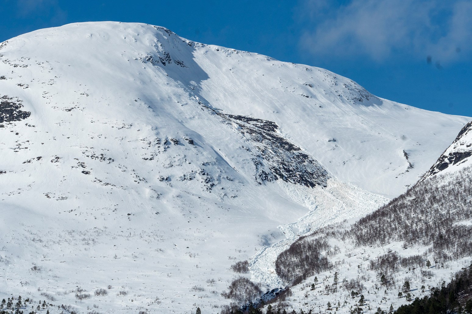 Et glideskred som har løsnet fra fjellside hvor det ofte går den type skred. Snøskredet går ned i en bekkedal og følger det videre.