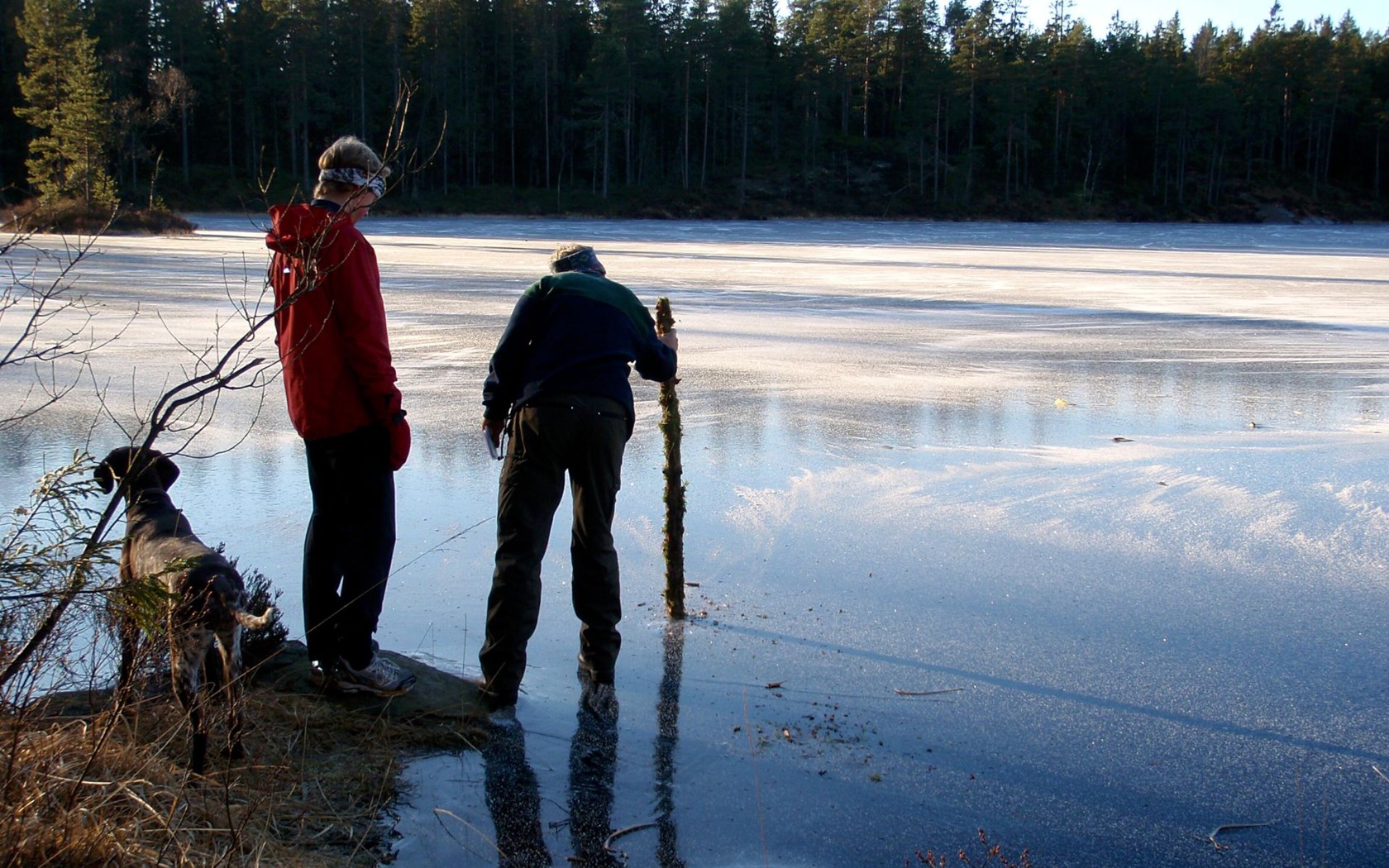 Et par som sjekker om isen har god bæreevne ved hjelp av en stokk.