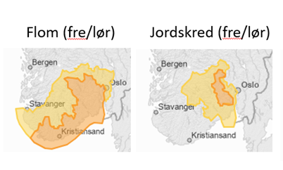 Figuren viser farevarsel fra NVE som ble sendt ut før ekstremværet AMY inntraff 4. oktober i år.