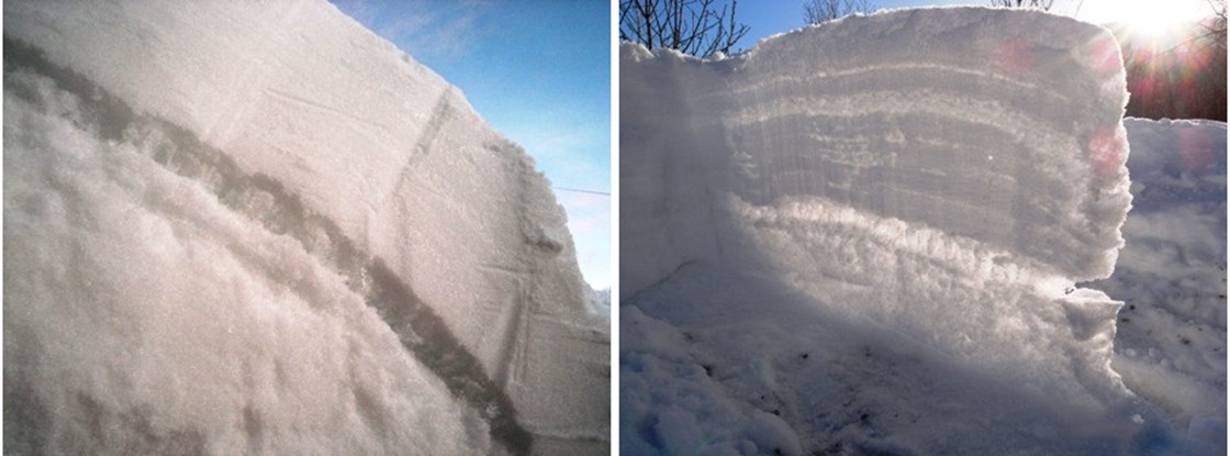 Bilder som viser veldig godt at et det er lag med nedsnødd rim i snødekket.