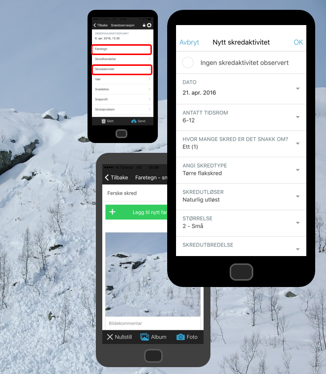 Eksempel på hvordan fylle ut en skredaktivitetobservasjon på varsom-regobs.