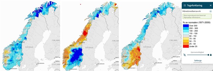 Månedsnedbørsavvik i mars, april, og mai 2023. Kilde: seNorge.no