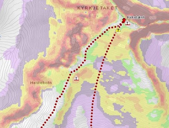Kompleks rute tegnet inn på kart til Kirketaket.
