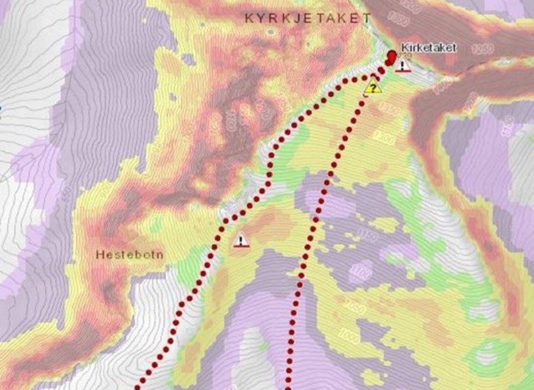 Kompleks rute tegnet inn på kart til Kirketaket.