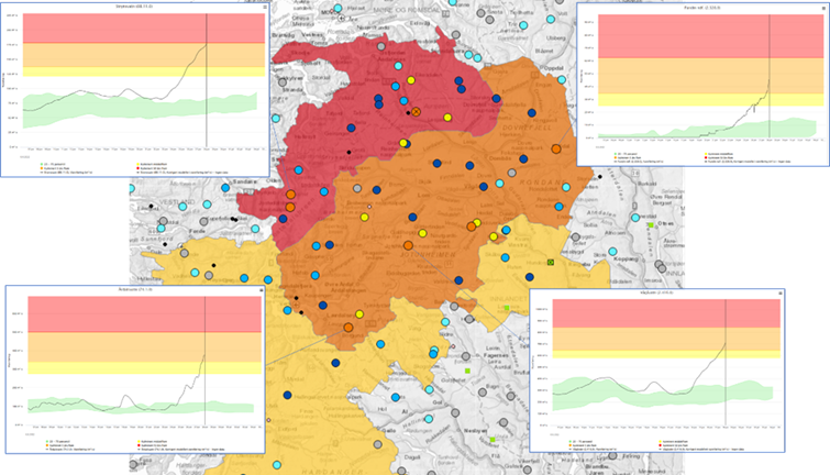 : Siste observerte vannføring. Grafene viser vannføring kl 08.00 for utvalgte stasjoner ved Strynsvatn, Fundin i Folldal, Årdalasvatn og Vågåvatn.