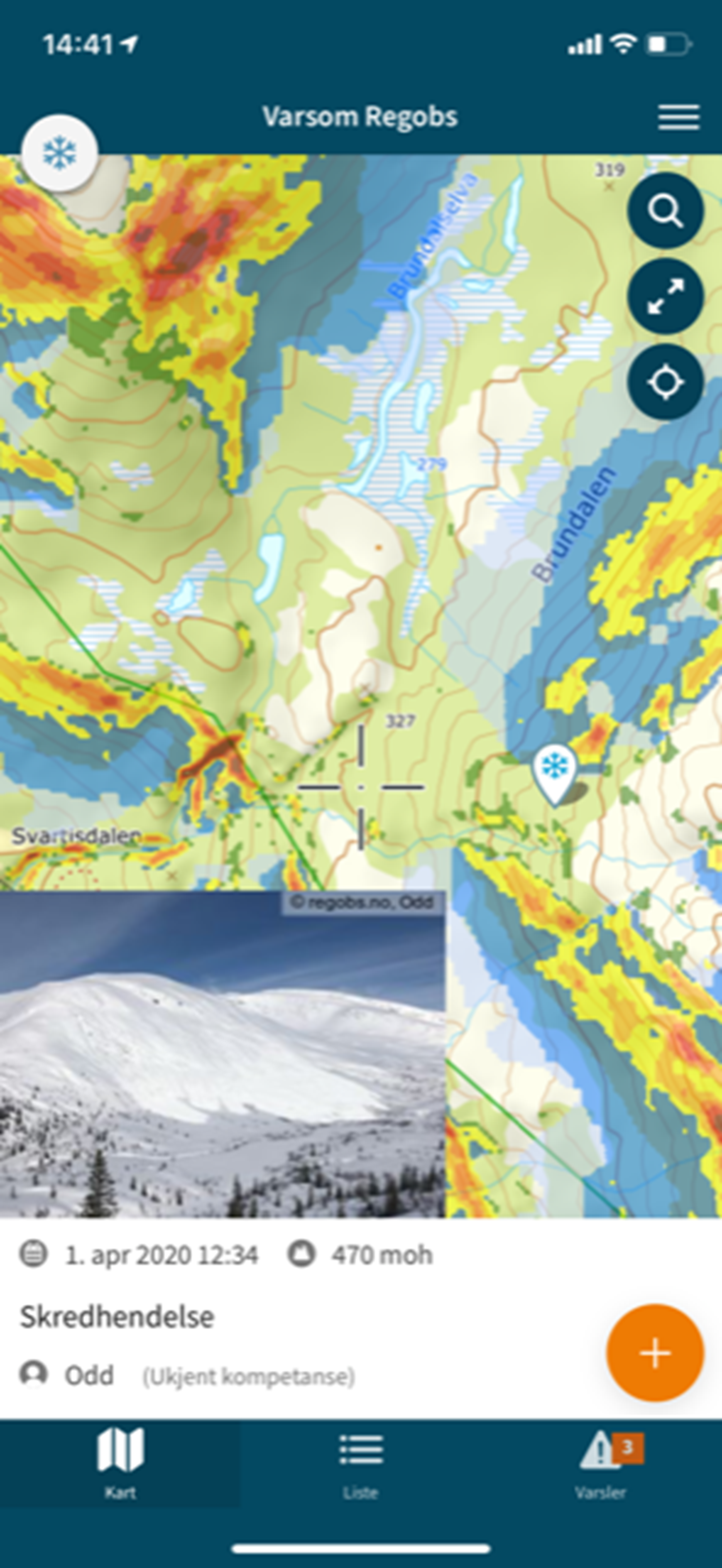 Skjermutklipp av Varsom Regobs app med bratthetskart en observasjon.