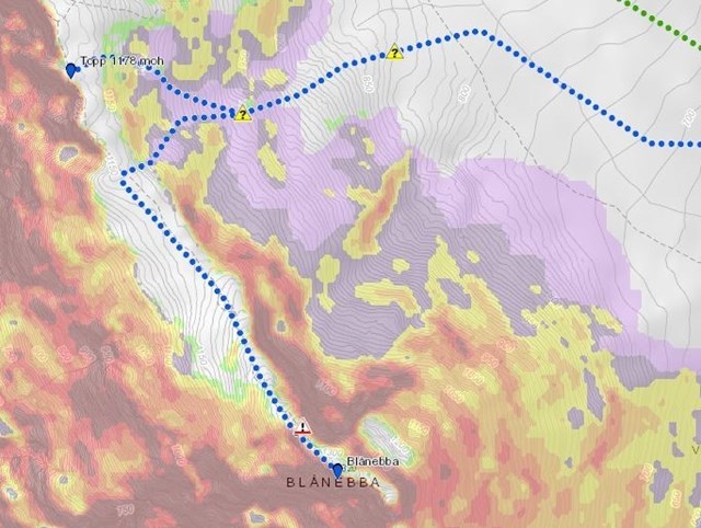 Utfordrende rute tegnet inn på kart til Blånebba.