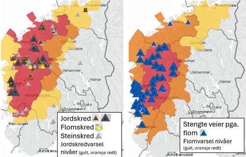 Kartene viser varslingsnivå for jordskredvarsel for 31.10 og 1.11 sammen med lokasjoner der hendelser har inntruffet (trekanter).