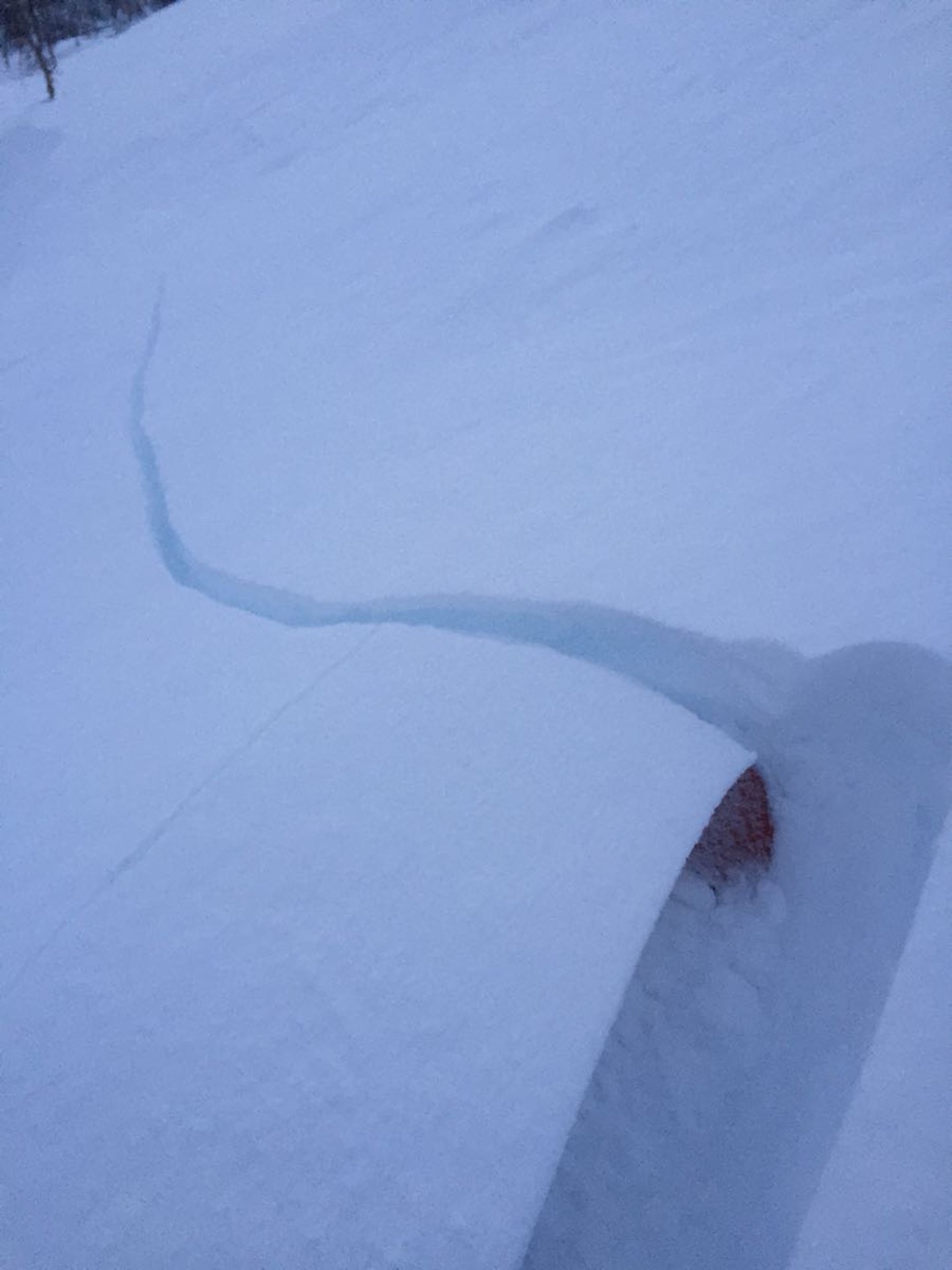 En skytende sprekk fra en skiløper i et nysnøflak.