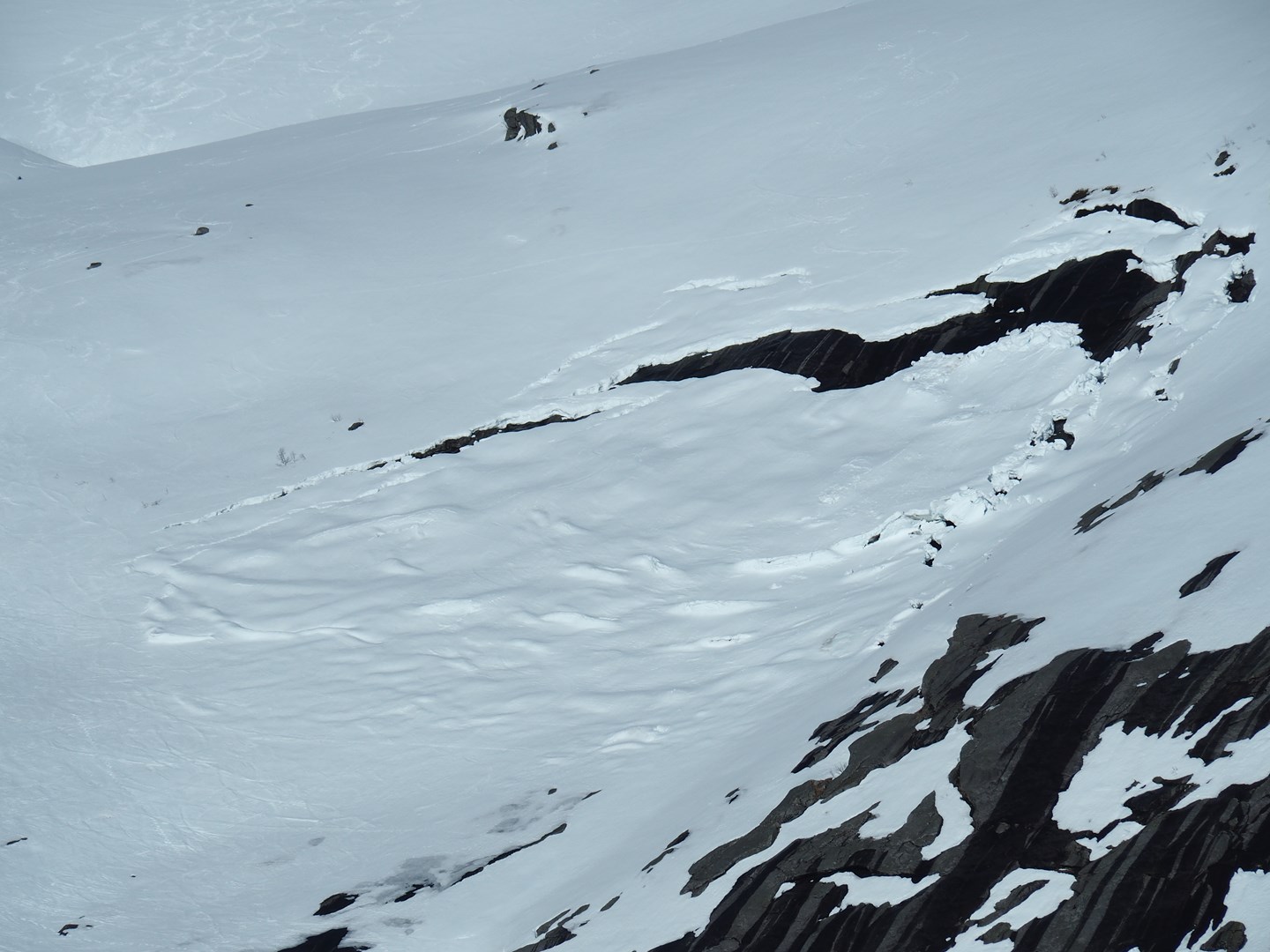 En glidesprekk i ei snødekt fjellside.