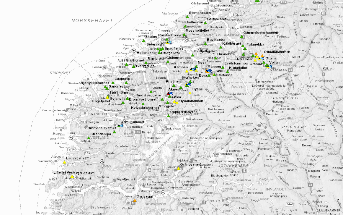 Kart over faresoner for fjellskred.